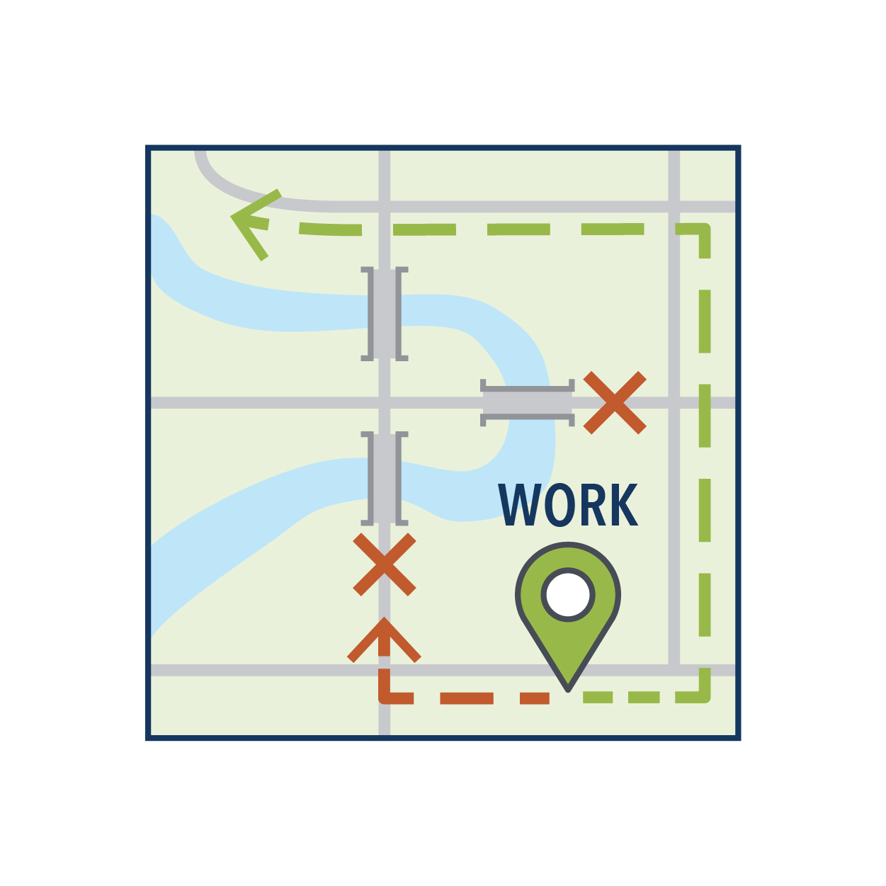 Map of arrow pointing from work away from water