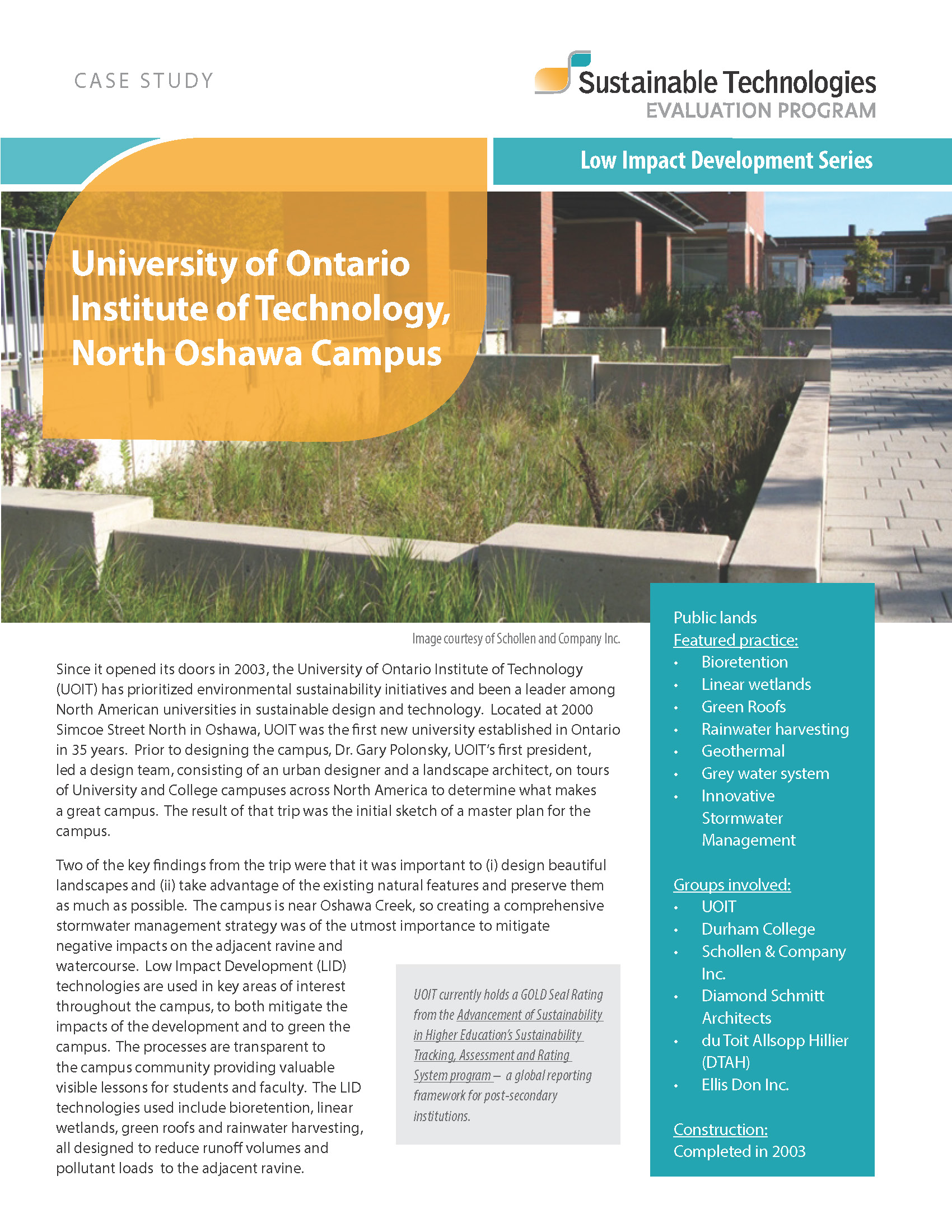 First page of a document outlining how low impact development technology was used for the University of Ontario Institute of Technology, North Oshawa Campus