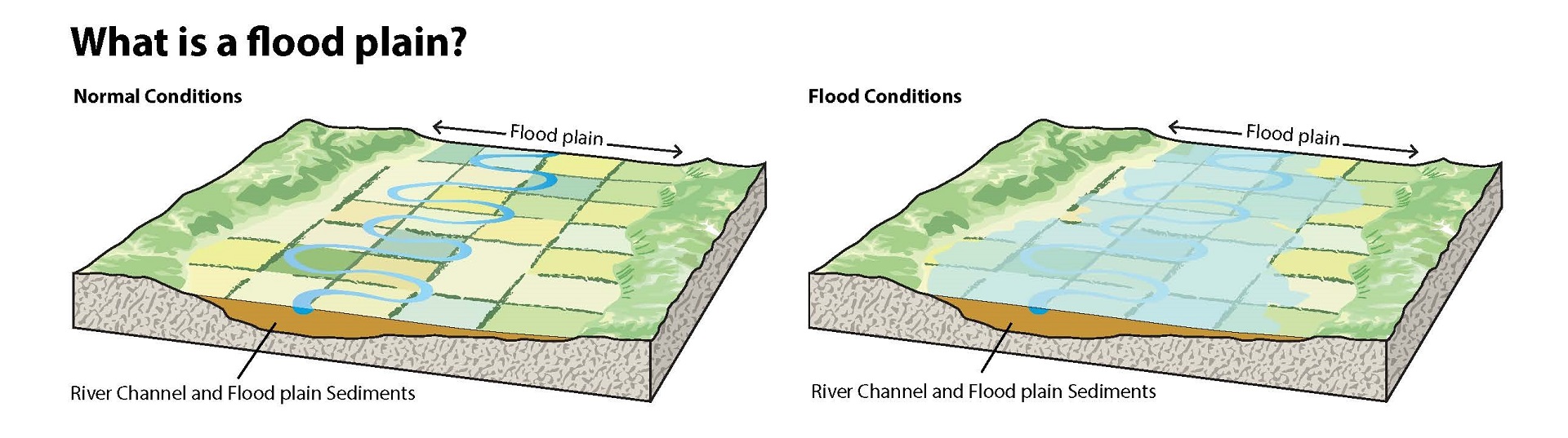 A floodplain under normal conditions and flood conditions. Under normal conditions, there is a meandering river and green space on either side of the river. In the flood conditions, the water expands beyond the reach of the river and fills the green space that was dry in normal conditions. 