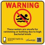 Beach sign indicating high levels of bacteria