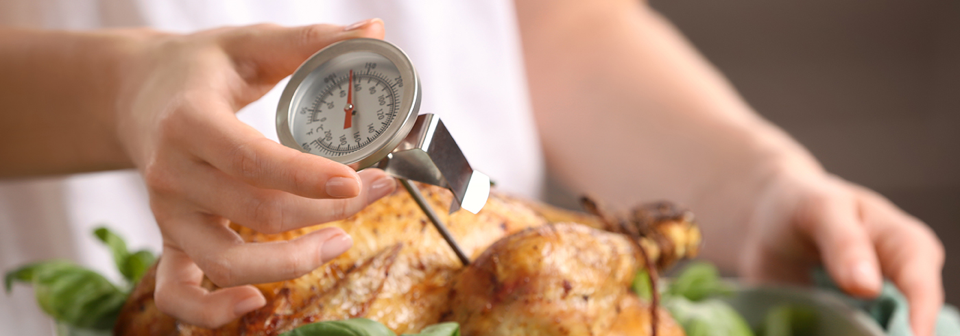 Woman at home using a meat thermometer to check temperature for safety.