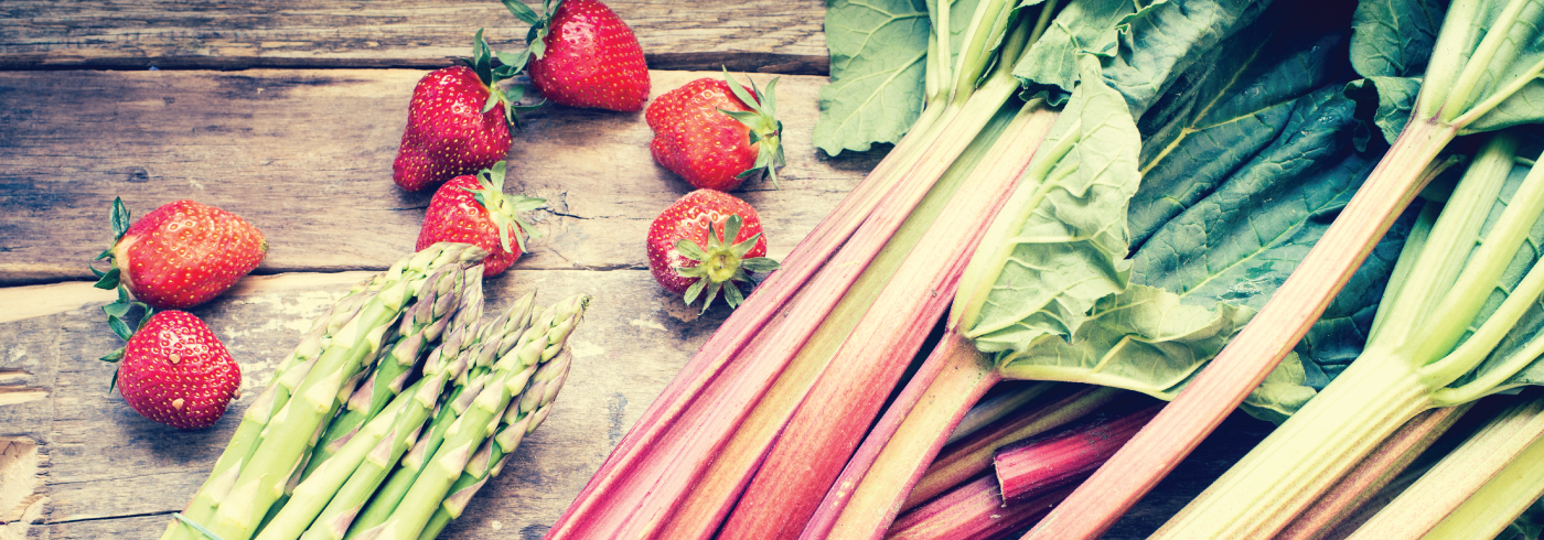 Fresh strawberries, asparagus and rhubarb