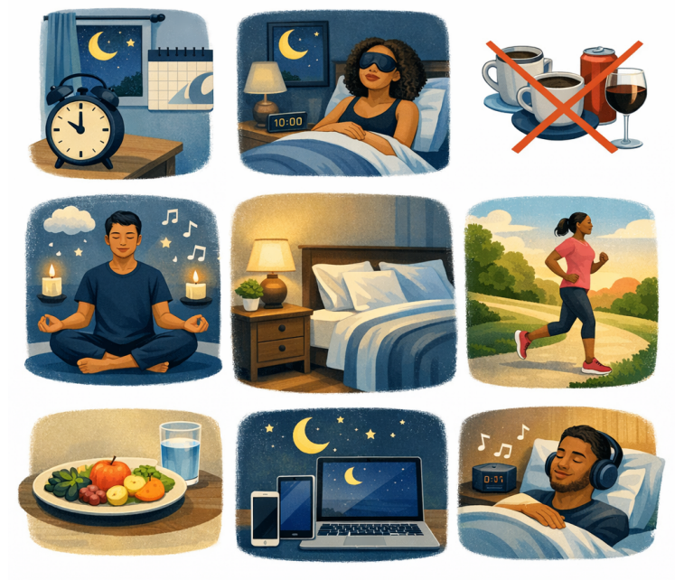 Illustrated tips for better sleep including consistent scheduling, reducing caffeine, meditation, exercise, healthy eating, and limiting screen time