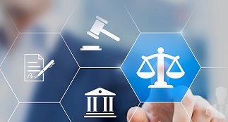 A person clicking on a scales of justice icon