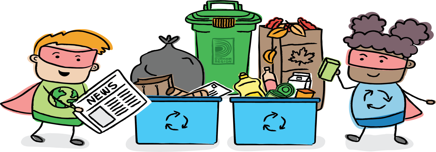 Cartoon images of waste heroes with blue boxes and green bin