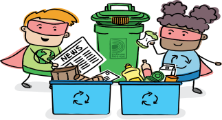 Cartoon images of waste heroes with blue boxes and green bin