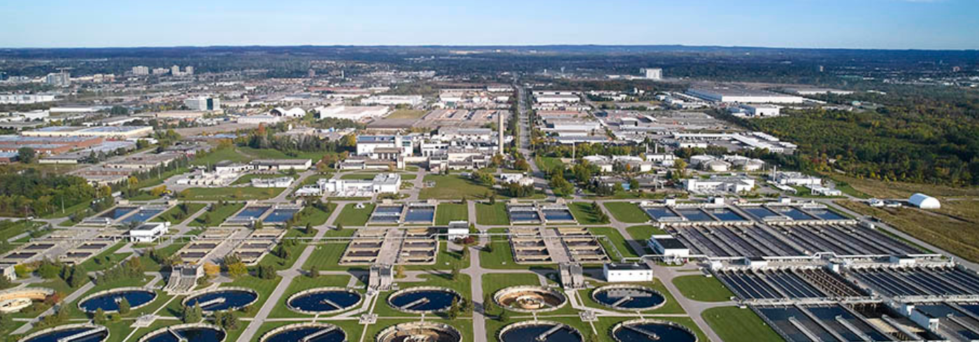 Drone image of the entire Duffin Creek Water Pollution Control Plant