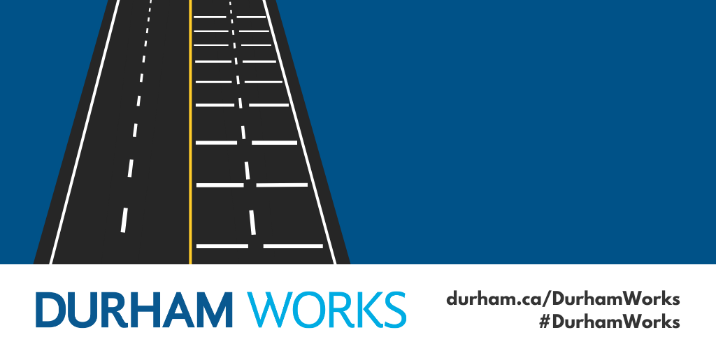 An illustration of a road with optical bars represented in the two right lanes with a blue background with the Durham Works logo and black text reading durham.ca/DurhamWorks #DurhamWorks.