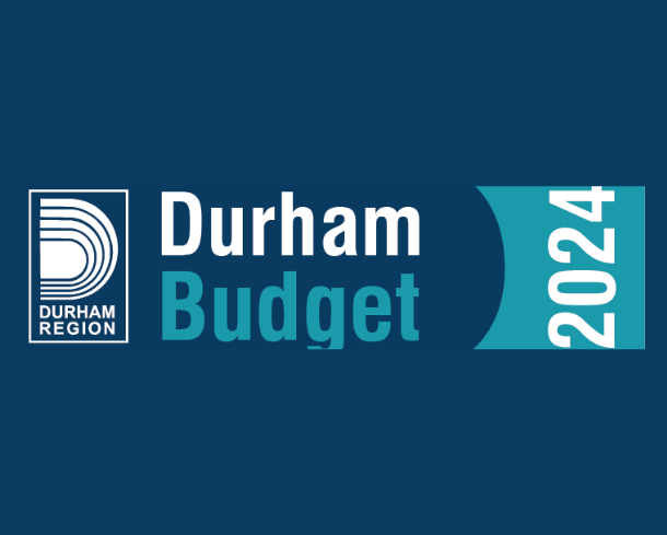 Durham Region logo and words "Budget 2024" on blue background