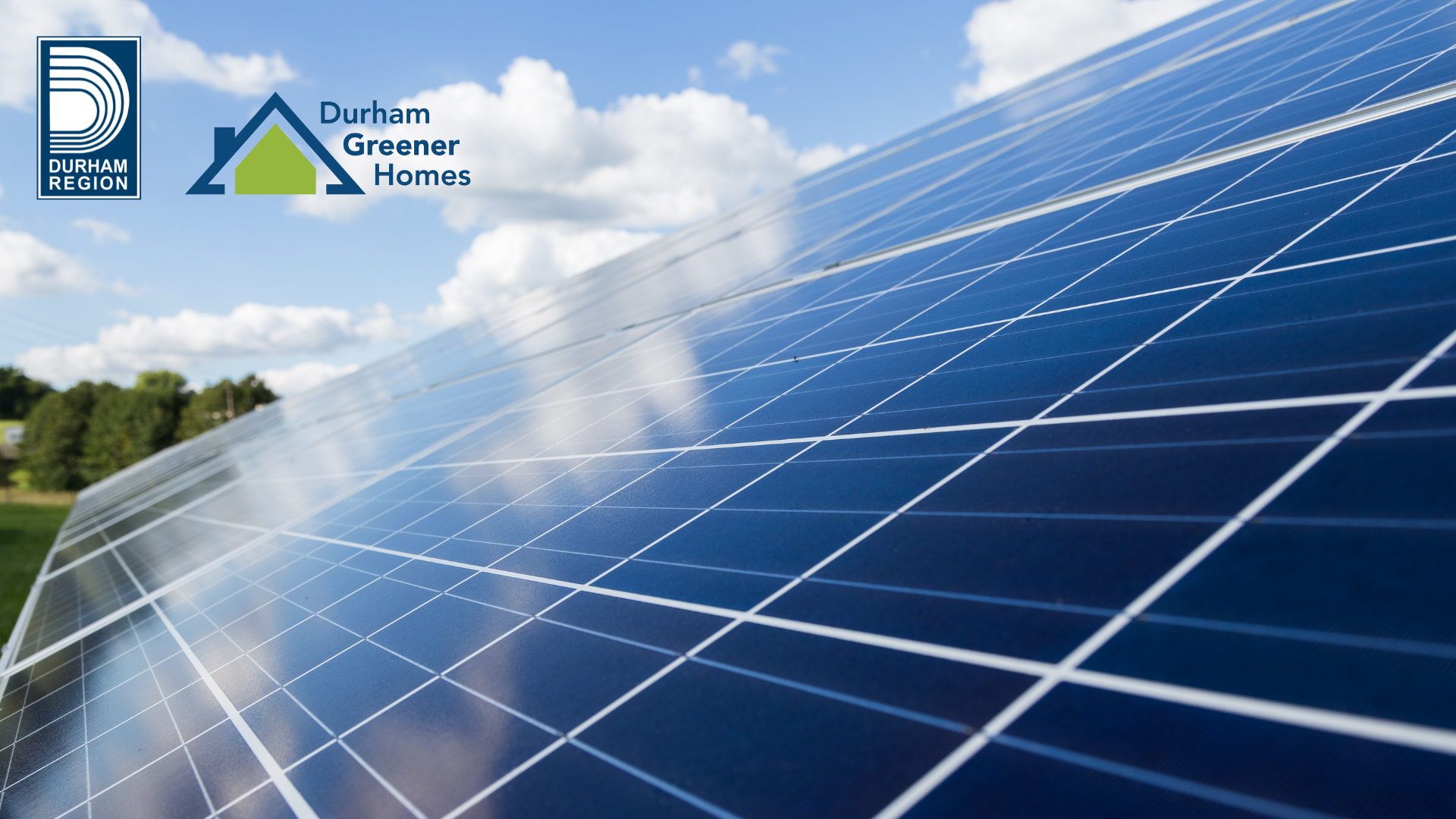 Solar panels set against a blue sky. The Durham Region and Durham Greener Homes logos are in the top left corner.