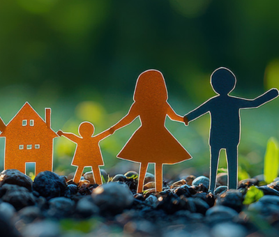 An image of cutouts of a house, child, and two adults, all holding hands.