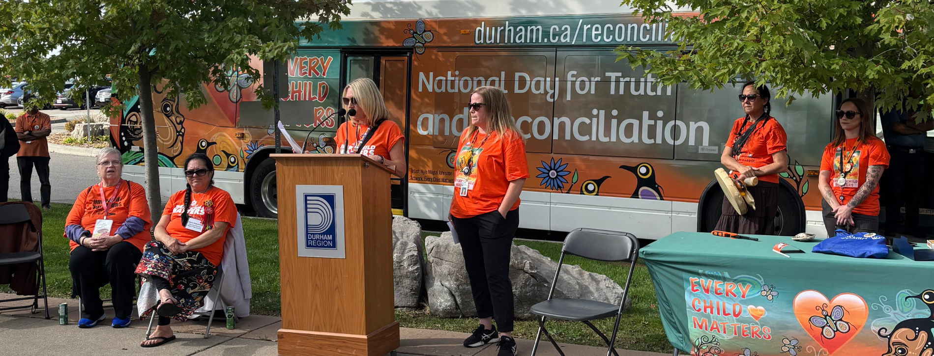 Members of the community gathering at the Region of Durham Headquarters to hear speakers, before embarking on the Truth and Reconciliation Awareness Walk.