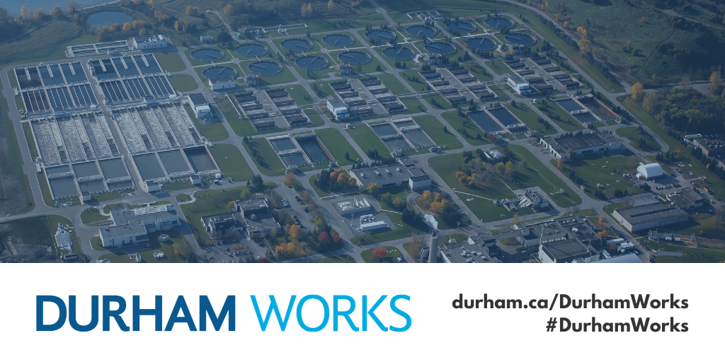 An aerial view of a water pollution control plant with a blue filter over it. There’s a banner at the bottom that reads Durham Works, durham.ca/DurhamWorks #DurhamWorks 