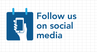 Text "Follow us on social media" and illustration of a hand holding a cellphone