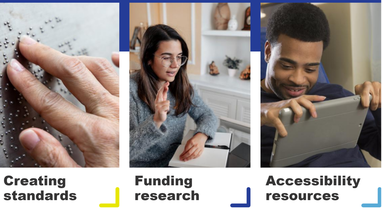 Image from the Federal website that includes a person reading braille, a person signing using ASL and a person using a assistive device