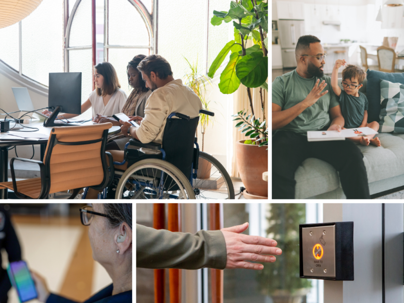 A collage of images including a team meeting, an adult reading to a child, a person using a hearing device and a person waving at a sensor to open automatic doors