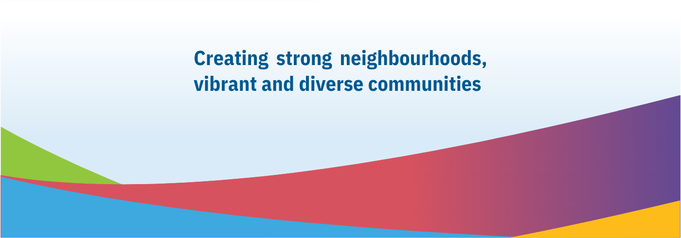 A pink, blue, green and yellow abstract banner with text that reads, 'Creating strong neighbourhoods, vibrant and diverse communities.'