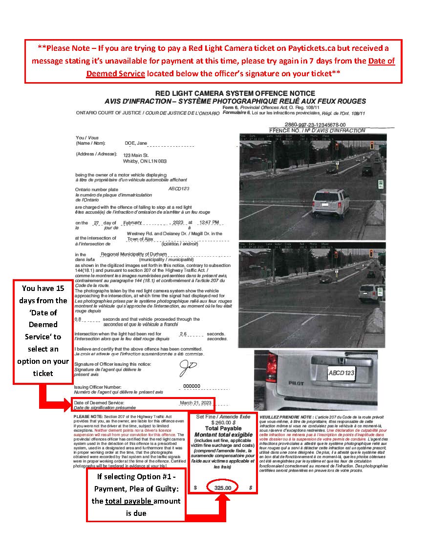Information on how to pay a red light camera ticket