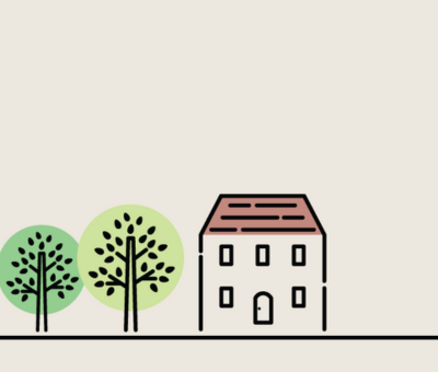 Illustration of trees and a house.