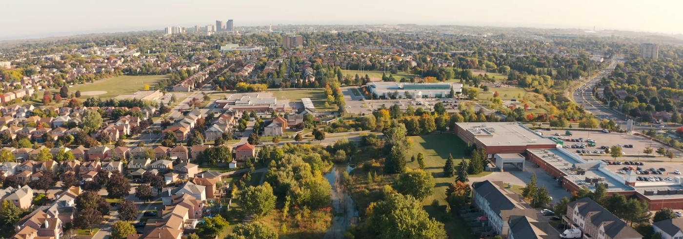 Aerial view over an Ajax community. 