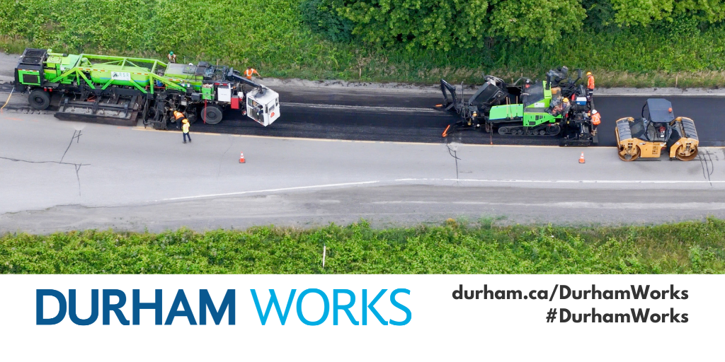 An aerial view of the Shirley Road rehabilitation project in the Township of Scugog. Text below states: Durham Works, durham.ca/DurhamWorks #DurhamWorks. 