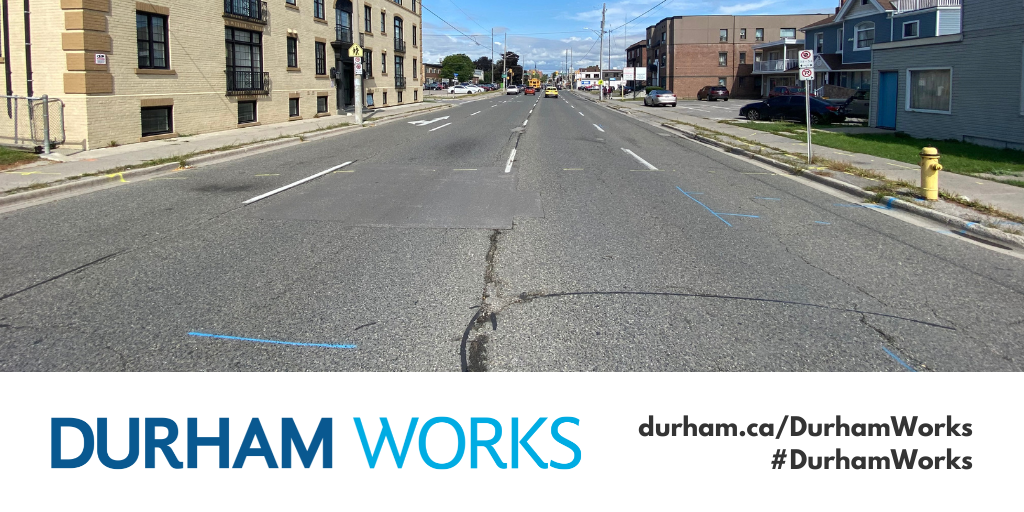 Image of a portion of Simcoe Street South in Oshawa with text at the bottom that reads, “Durham Works, durham.ca/DurhamWorks, #DurhamWorks.”