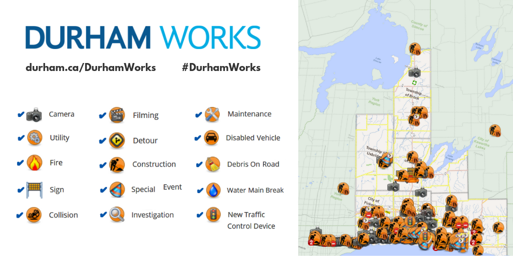 Traffic watch map icons next to a screenshot of the map. Text at top of image states: “Durham Works, durham.ca/DurhamWorks #DurhamWorks.”