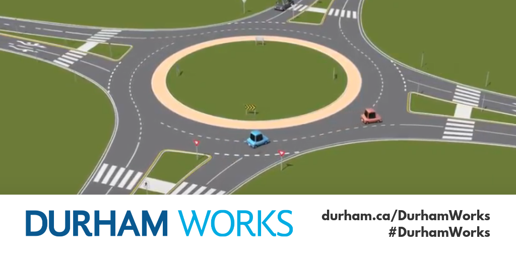 Image shows vehicles driving through a roundabout. Text under image states: “Durham Works, durham.ca/DurhamWorks #DurhamWorks.”