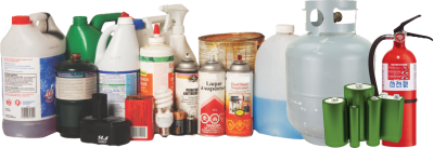 Assorted household hazardous waste, such as paint cans and chemical bottles