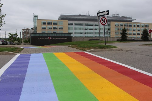 Rainbow crosswalk at Durham Region Headquarters 