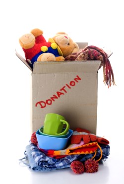 Box of clothing and household items for donation
