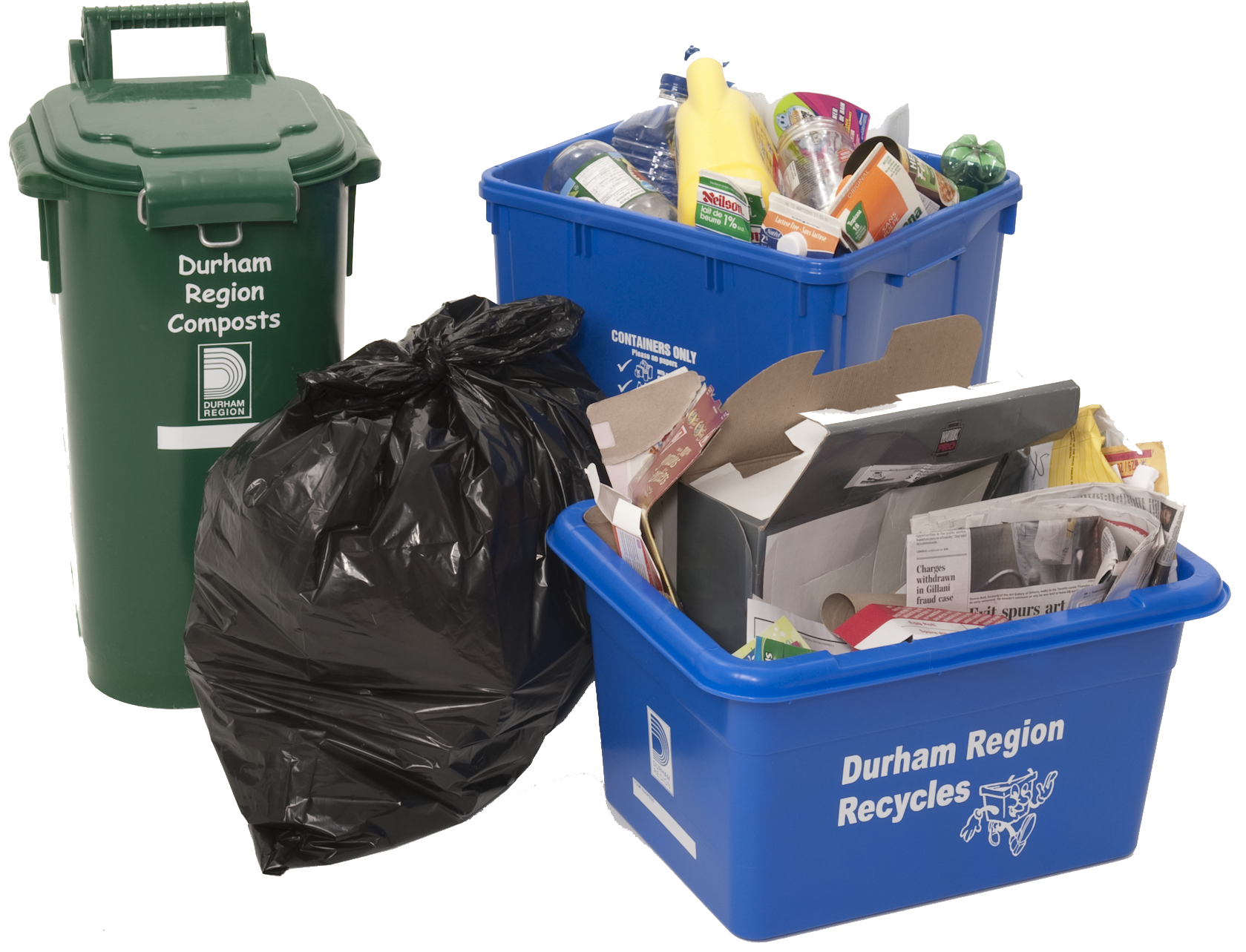 Durham Region blue boxes, green bin and garbage bag