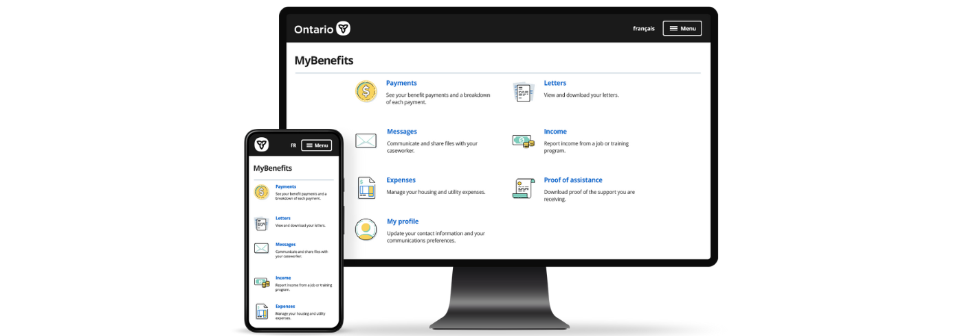 Graphic of desktop computer screen and cellphone and both screens are displaying the Ontario MyBenefits webpage