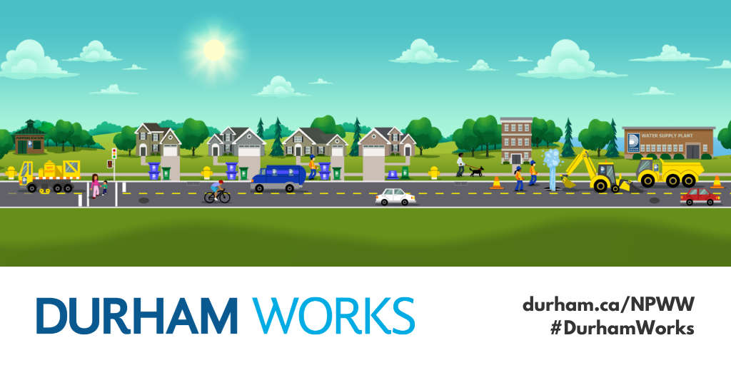 Image of a road lined with houses, buildings, blue boxes, compost bins and people; with vehicles, a cyclist, construction activity and people on the road. Text at the bottom of the image reads, Durham Works, durham.ca/NPWW, #DurhamWorks.