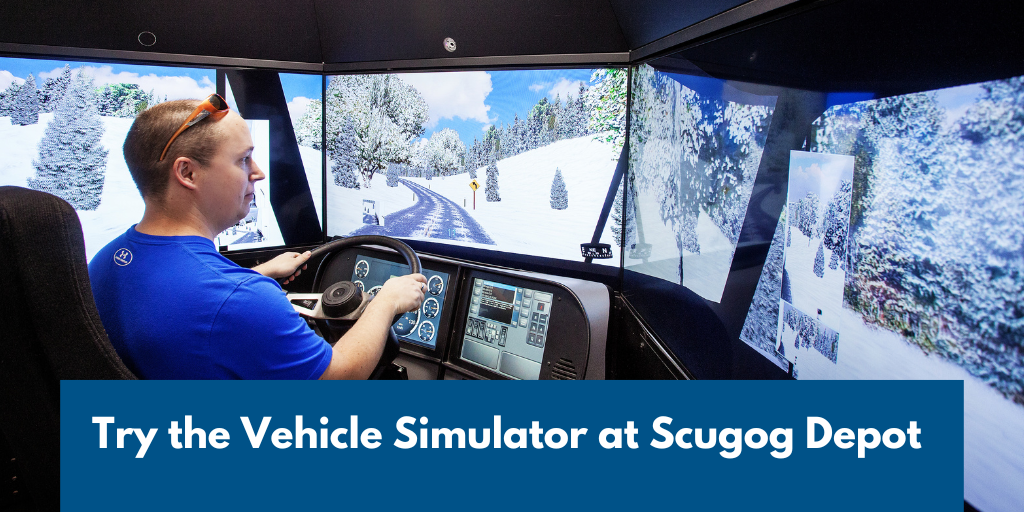 Man simulating driving a snow plow through a winter storm