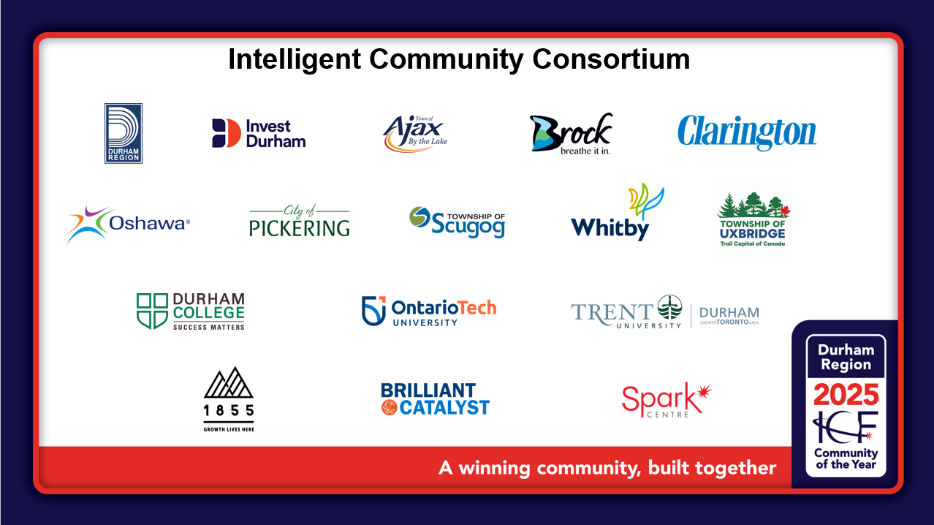 Intelligent Community Consortium partner logos: Durham Region, Invest Durham, Ajax, Brock, Clarington, Oshawa, Pickering, Scugog, Whitby, Uxbridge, Durham College, Ontario Tech, Tent Durham, Spark Centre, 1855 Accelerator and Brilliant Catalyst. Title reads, Intelligent Community Consortium with the Community of the Year badge. 