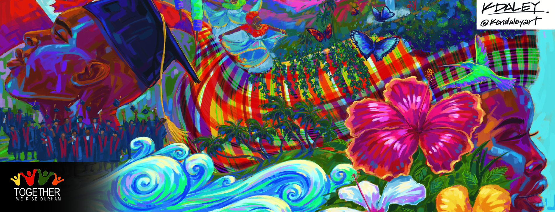 A painting by artist Ken Daley, entitled Legacy. The piece is a vibrant and introspective painting that celebrates the power of education and the enduring ties within the African-Caribbean diaspora in Canada. It is a testament to resilience and belonging. It speaks to the way knowledge anchors people in their culture and heritage and strengthens their connection to a global community shaped by shared history, migration, and the ongoing pursuit of self-determination. It conveys how the diaspora holds onto memory while shaping new identities across oceans. Also included is the Together We Rise logo.