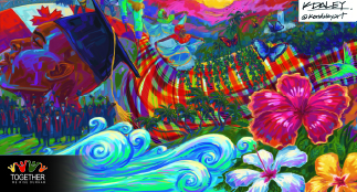 A painting by artist Ken Daley, entitled Legacy. The piece is a vibrant and introspective painting that celebrates the power of education and the enduring ties within the African-Caribbean diaspora in Canada. It is a testament to resilience and belonging. It speaks to the way knowledge anchors people in their culture and heritage and strengthens their connection to a global community shaped by shared history, migration, and the ongoing pursuit of self-determination. It conveys how the diaspora holds onto memory while shaping new identities across oceans. Also included is the Together We Rise logo.