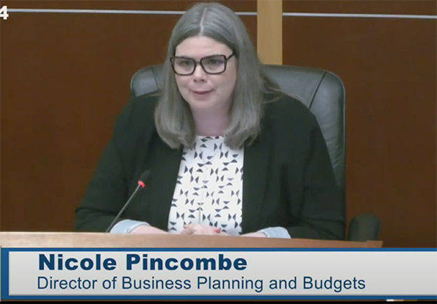 A still image of Nicole Pincombe director of Business Planning and Budgets at the Budget Town Hall.