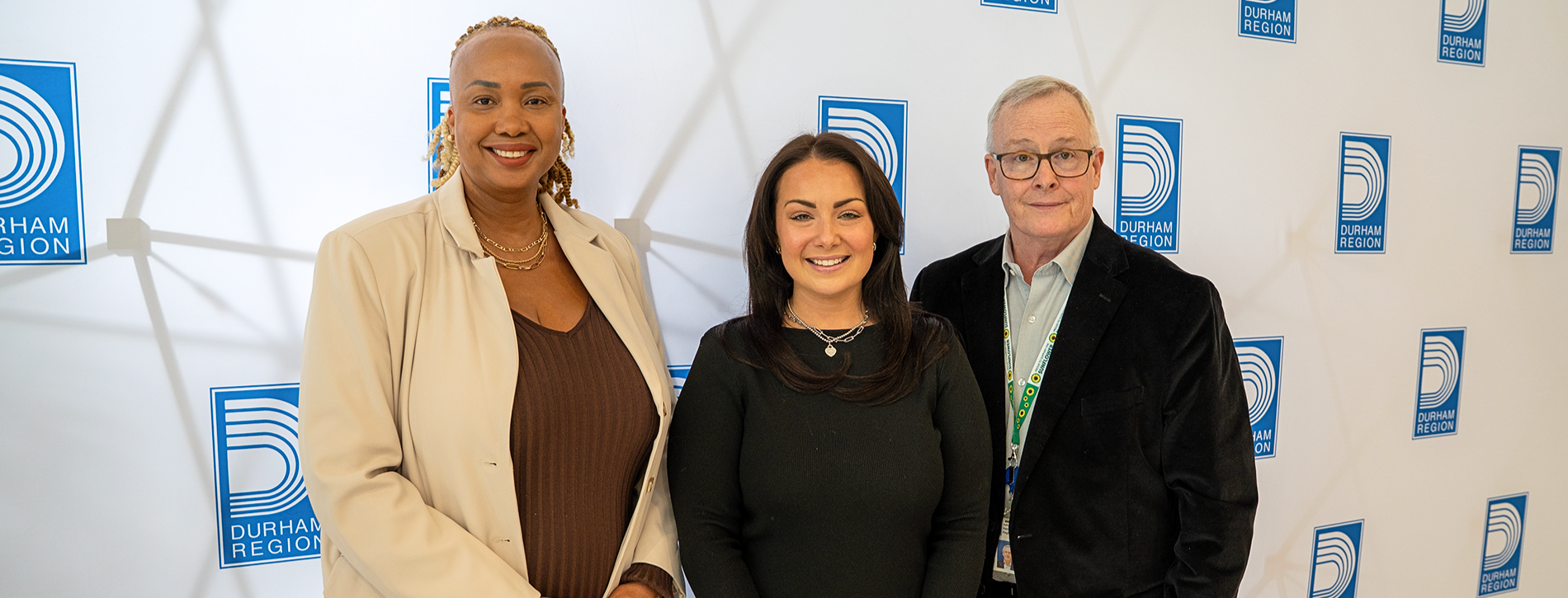 From left to right: Allison Hector-Alexander, Director of the Region’s Diversity, Equity and Inclusion Division; Sydney Marcoux, Acting Executive Director of Victim Services of Durham Region; John Henry, Regional Chair and Chief Executive Officer for the Regional Municipality of Durham. 