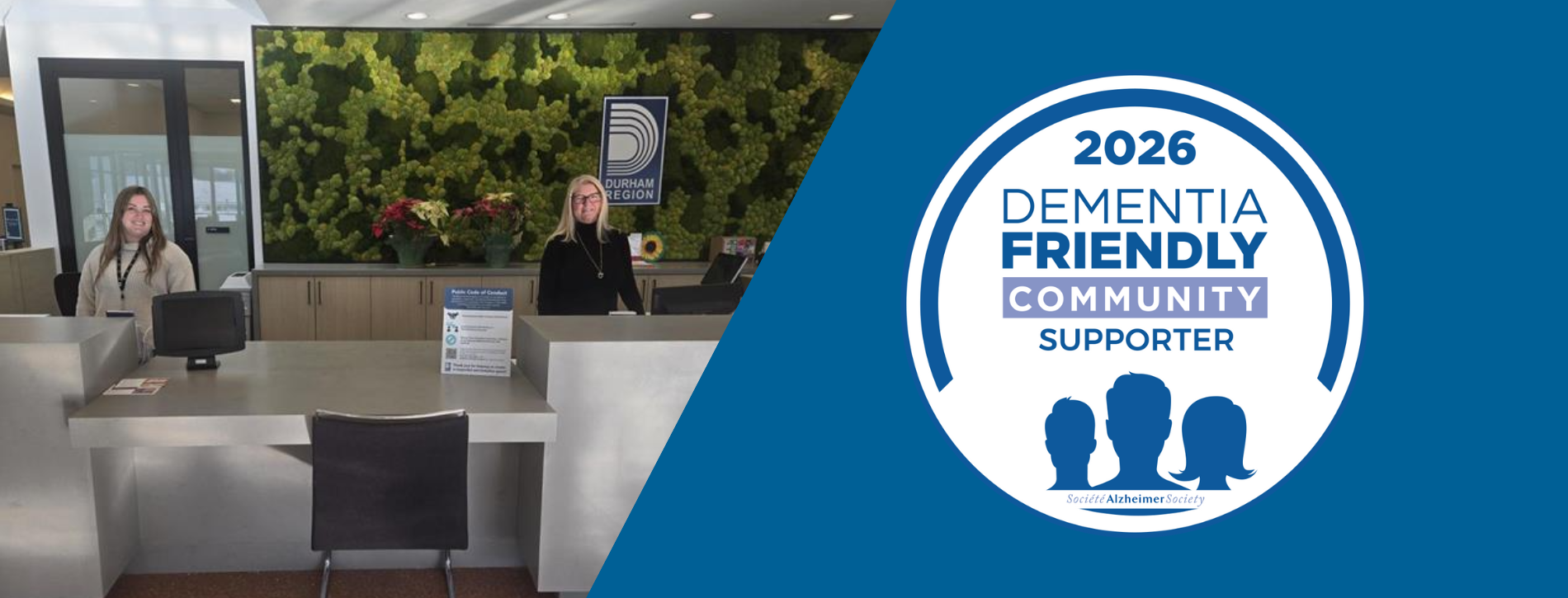 Exterior view of a modern Durham Region government building under a blue sky. To the right, a circular badge reads ‘2026 Dementia Friendly Community Supporter’ with silhouettes of three people and the Durham Region logo.