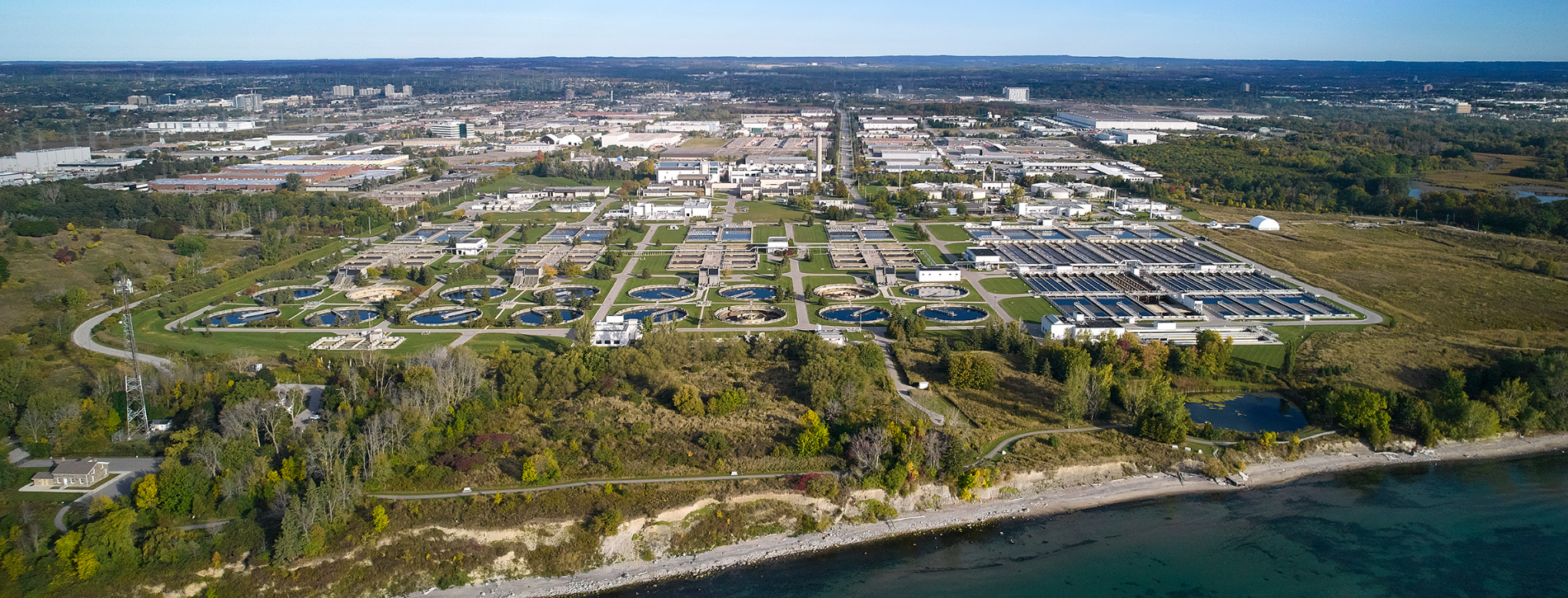Aerial shot of Duffin Creek Water Pollution Control Plant.