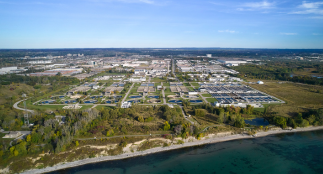 Aerial shot of Duffin Creek Water Pollution Control Plant.