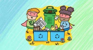 An illustration of children sorting recyclables and compostable items into the correct bin. 