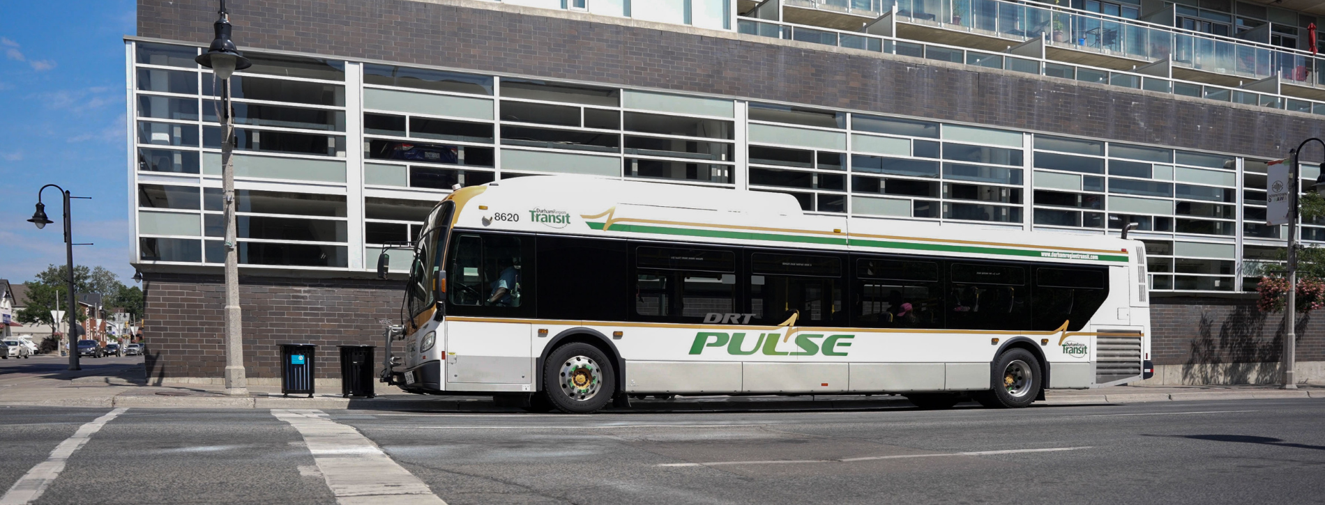 A DRT bus parked on a street in front of a modern building with large windows. Streetlights and a clear blue sky are visible in the background.