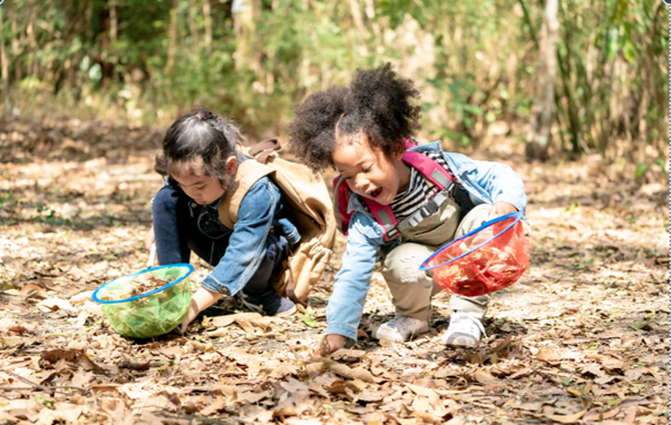 Two children playing with fall leaves