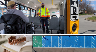 Collage including accessible parking spaces, a person reading braille, a crosswalk and DRT passenger with staff; link opens Accessibility Across the Region page