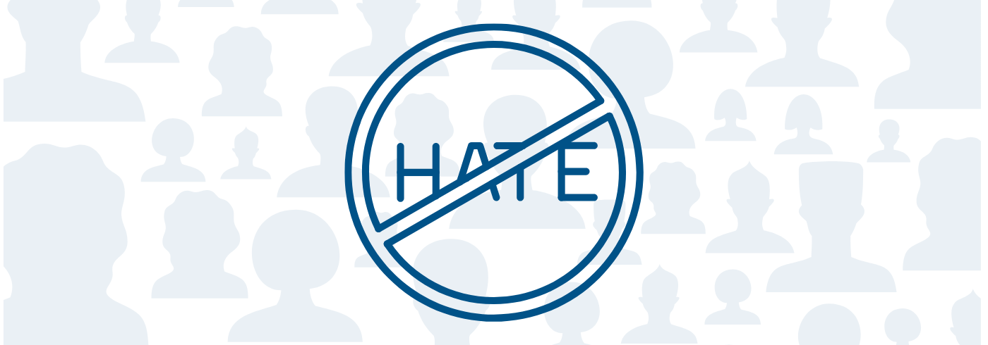 The word hate with a strikthrough symbol overtop. Head and shoulder silhouettes are in the background
