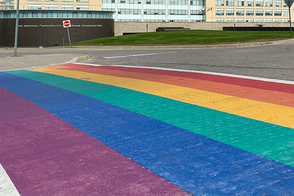 Durham Region rainbow crosswalk at HQ