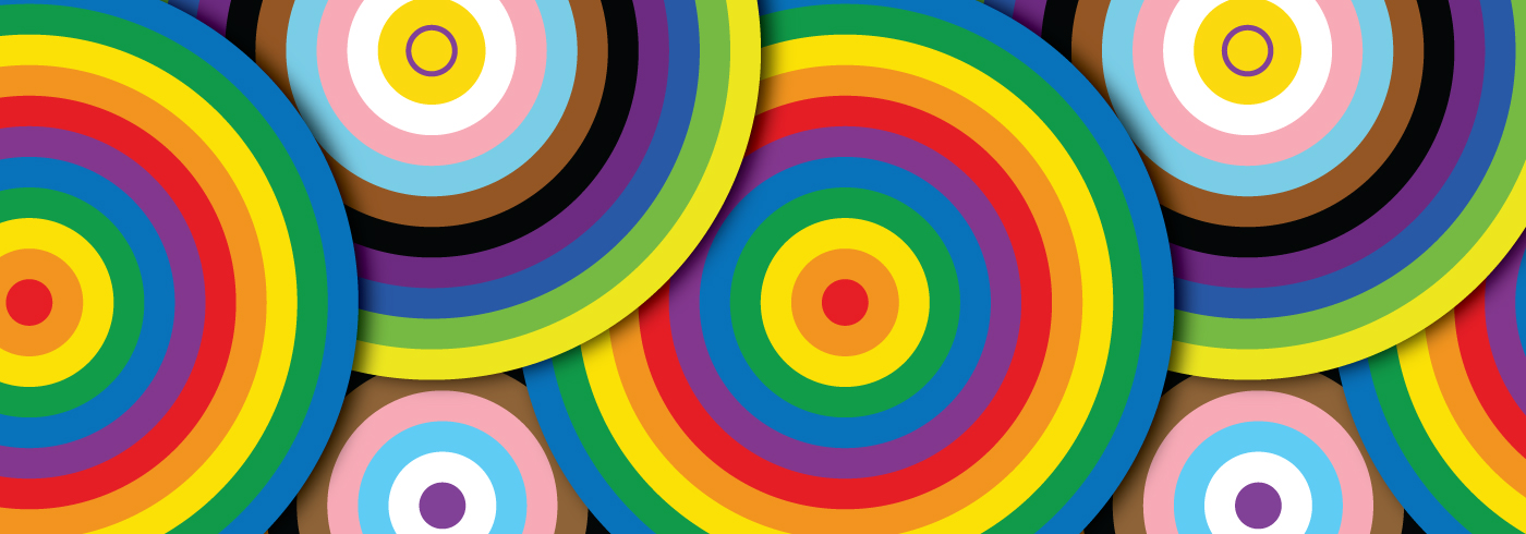 Rainbow circles representing the colours and symbols of the Intersex Progress Pride Flag